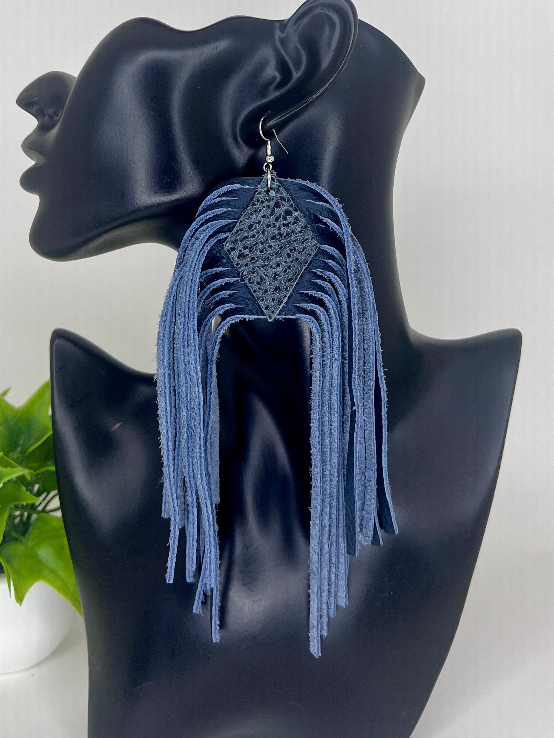 Denim Cascade Fringe Drops – Cut Leather Statement Earrings