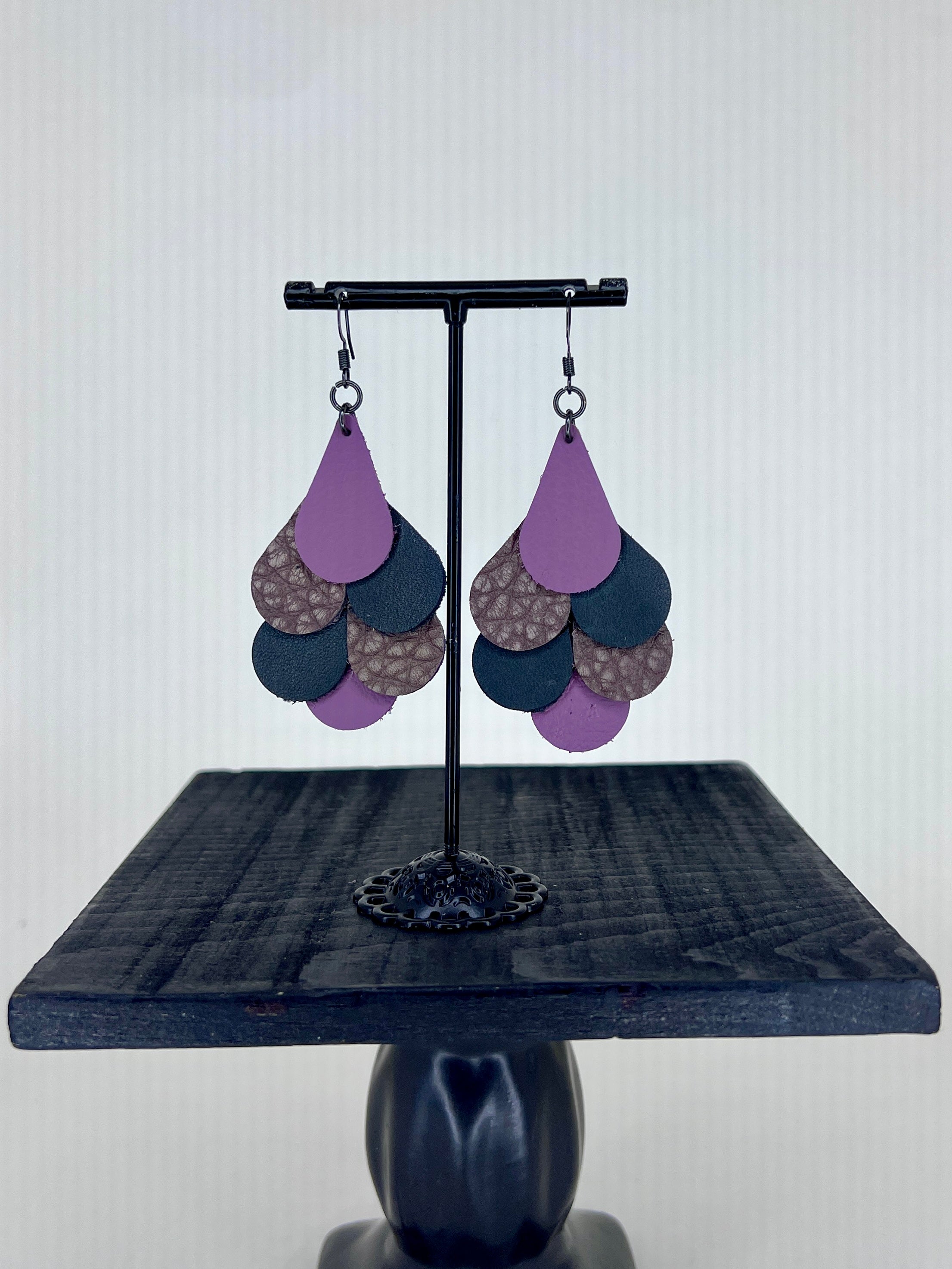 Plum Petal Layered Leather Earrings