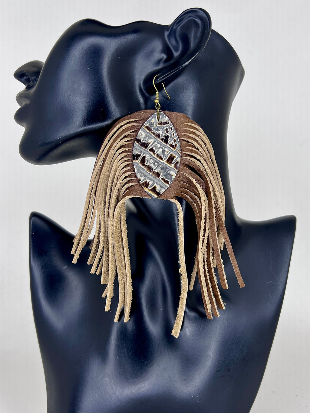 Earthtone Leather Fringe Statement Earrings