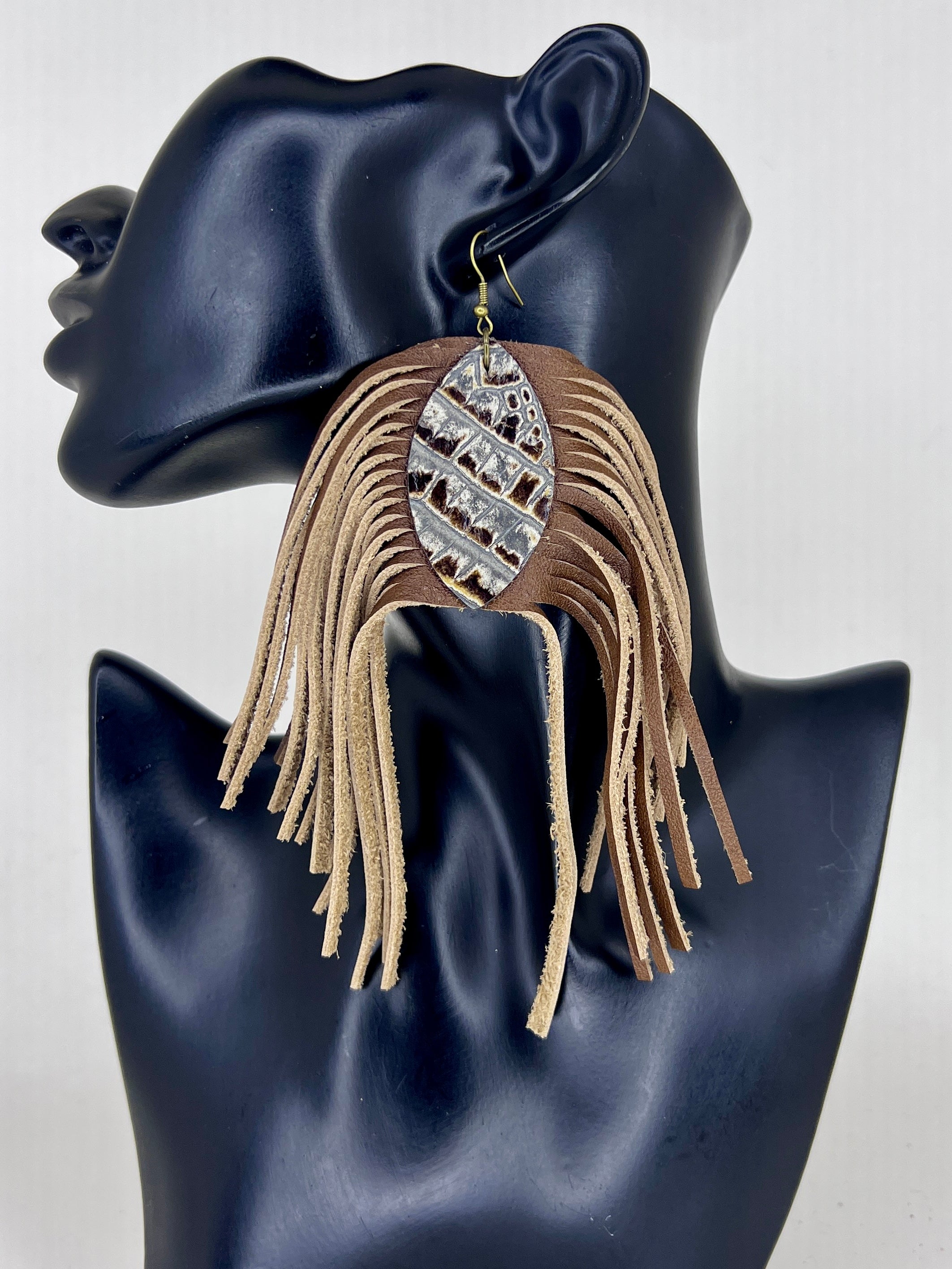 Earthtone Leather Fringe Statement Earrings