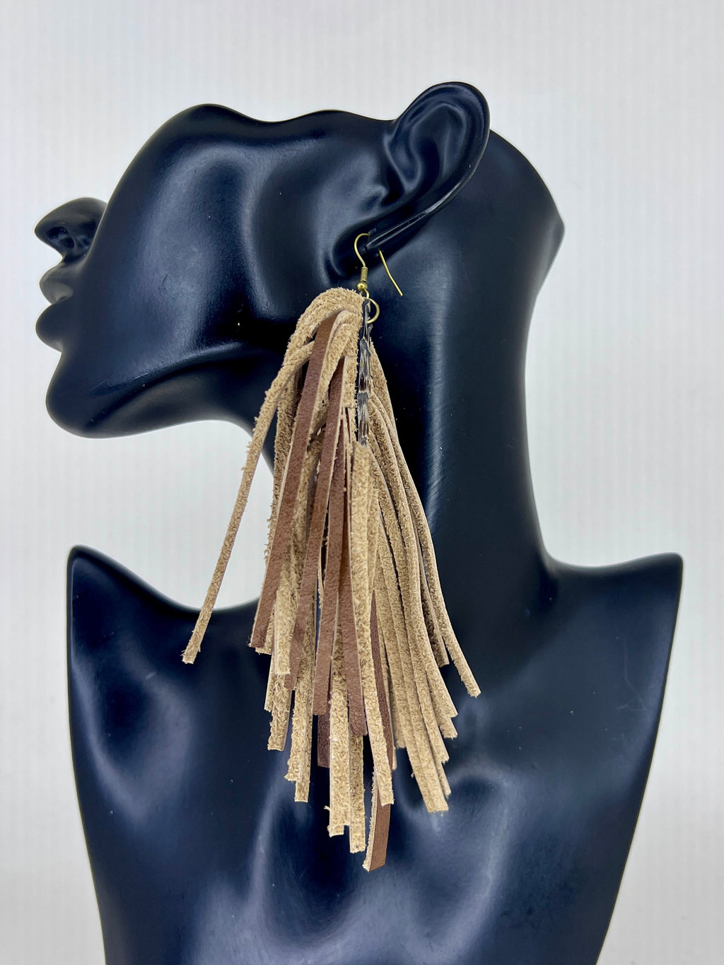 Earthtone Leather Fringe Statement Earrings