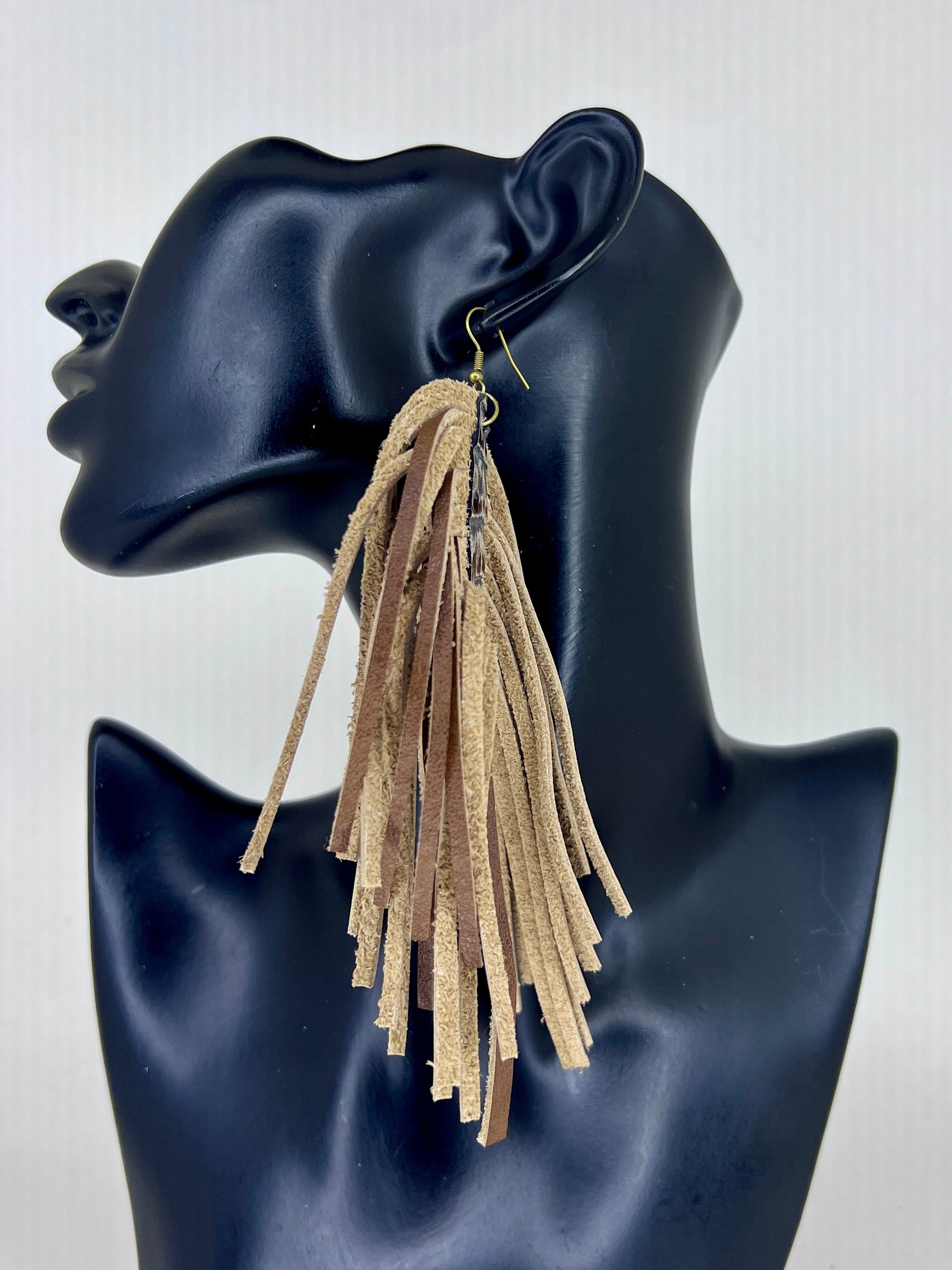 Earthtone Leather Fringe Statement Earrings