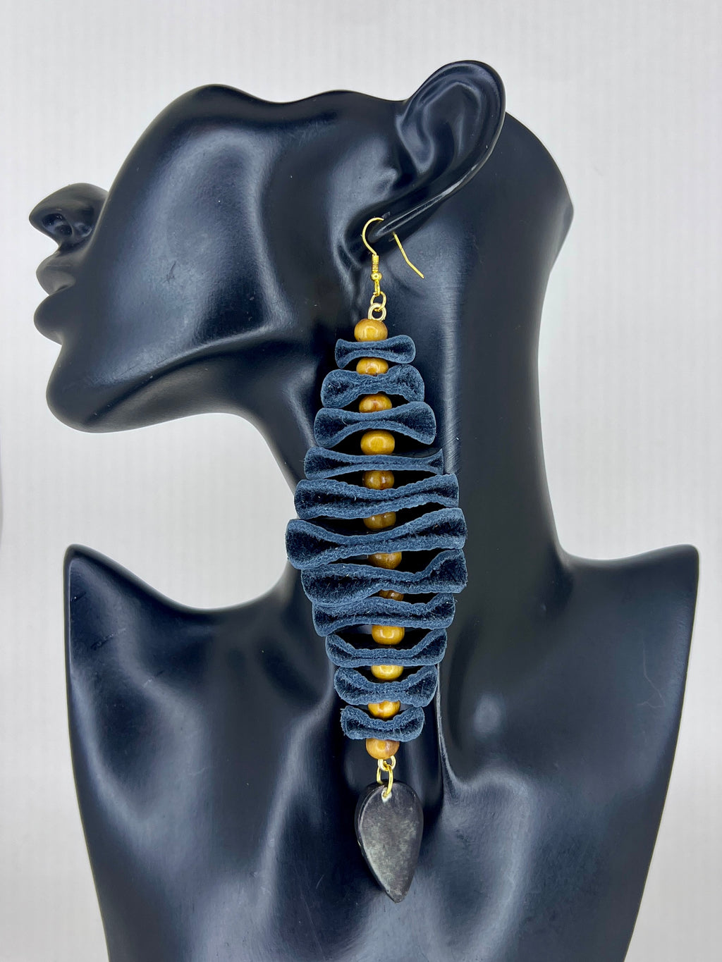 Midnight Blue Bone Stack Totem Statement Earrings