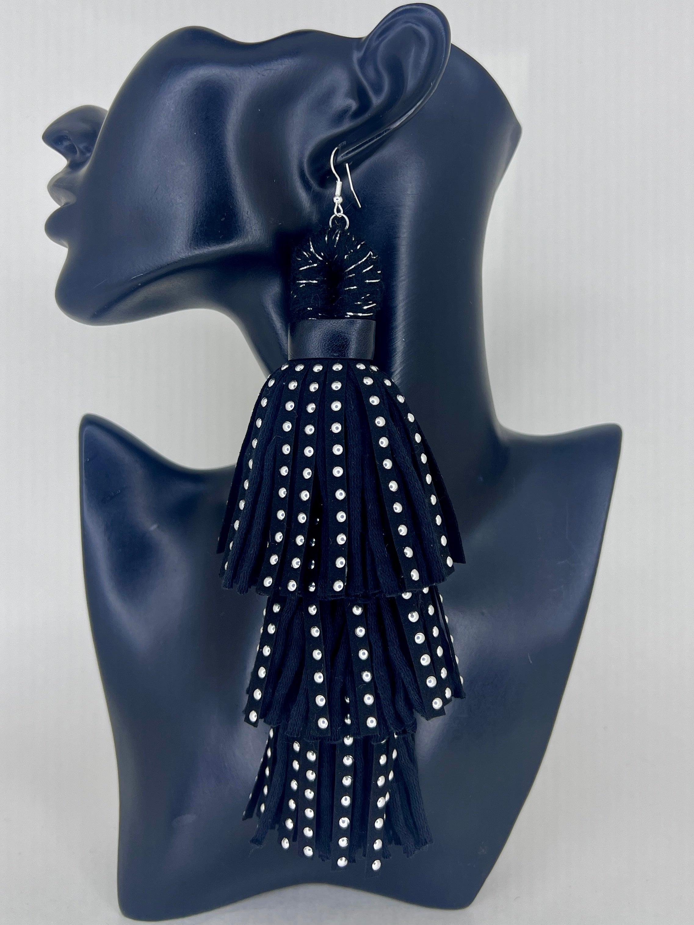 Midnight Studded Tiered Leather Tassel Statement Earrings