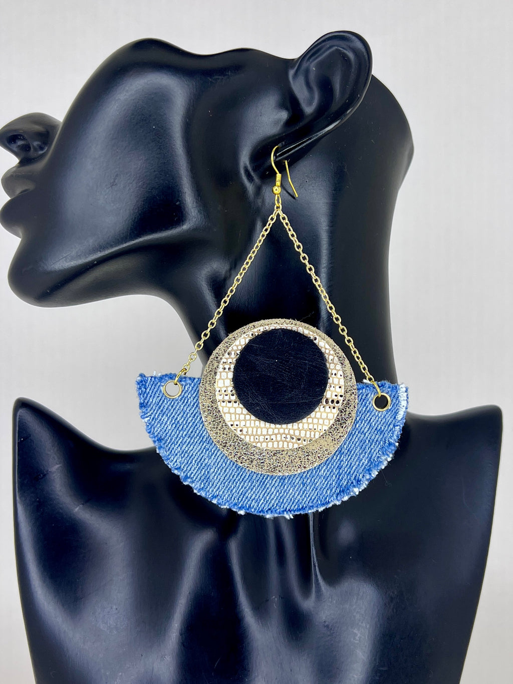 Denim Crescent Gold Disc Chain Statement Earrings