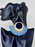 Denim Crescent Gold Disc Chain Statement Earrings