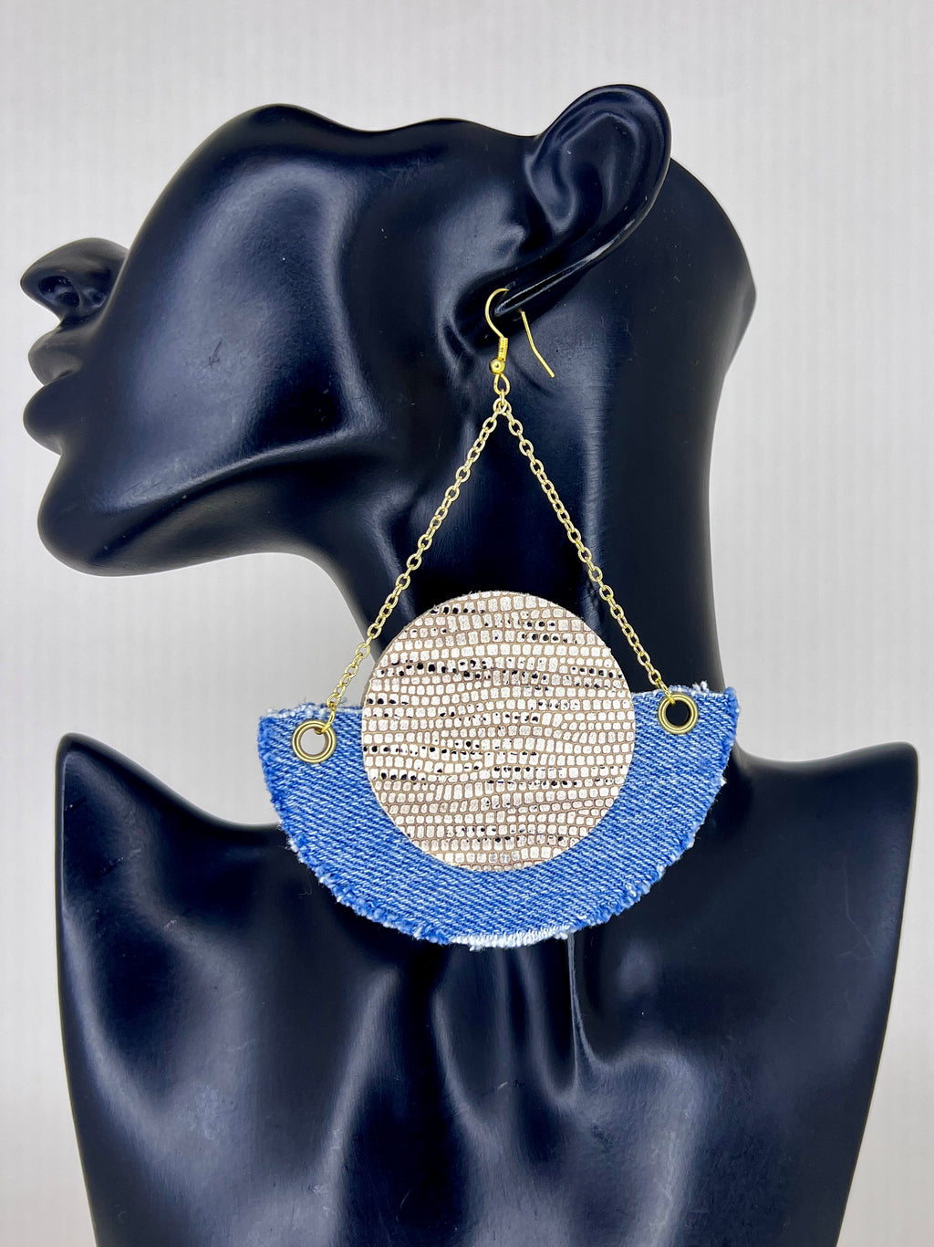Denim Crescent Gold Disc Chain Statement Earrings