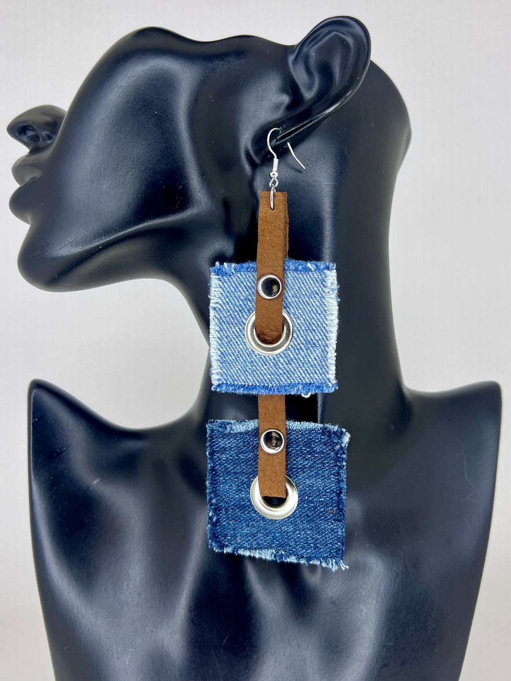 Denim Grid Leather Statement Earrings
