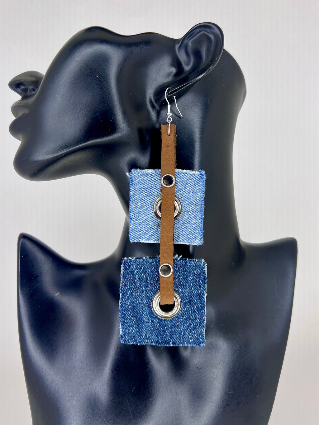 Denim Grid Leather Statement Earrings