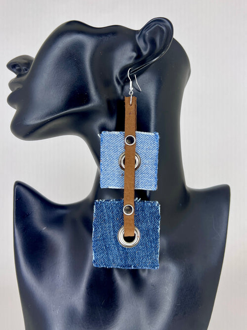 Denim Grid Leather Statement Earrings