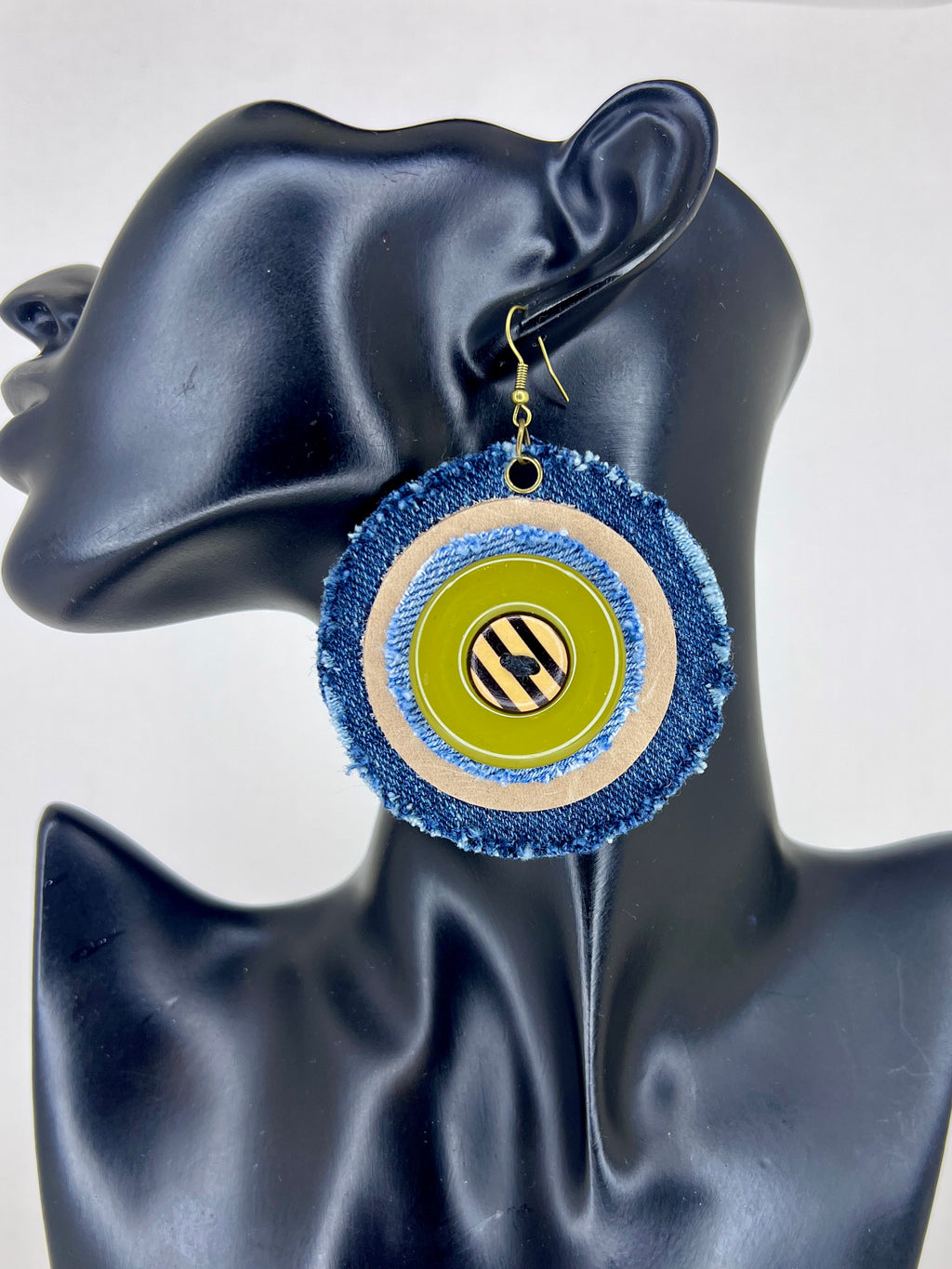 Denim Button Circle Statement Earrings