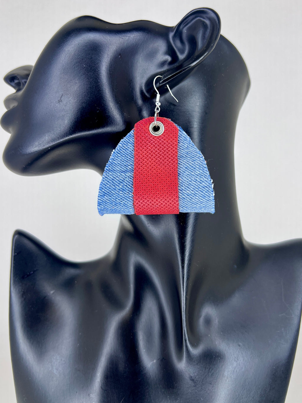 Red Stripe Denim Fan Statement Earrings