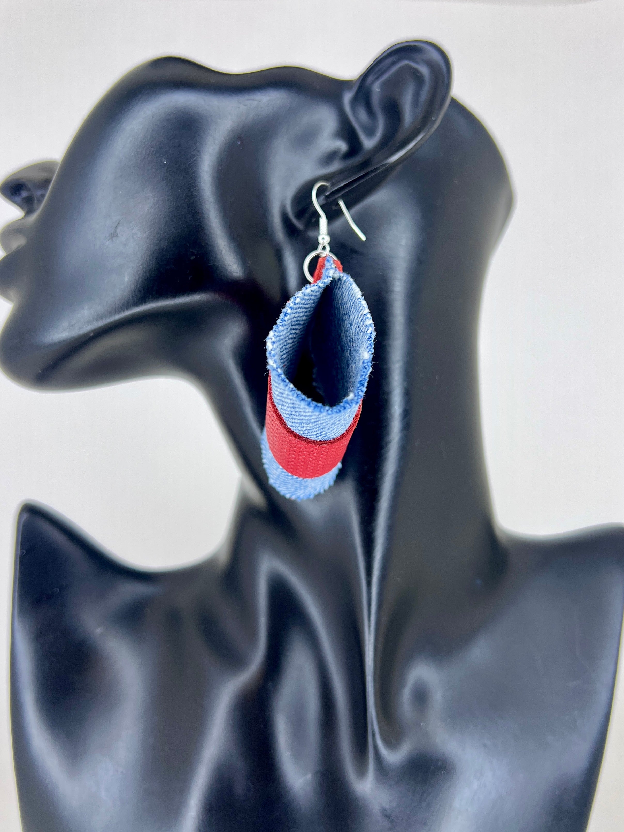 Red Stripe Denim Fan Statement Earrings
