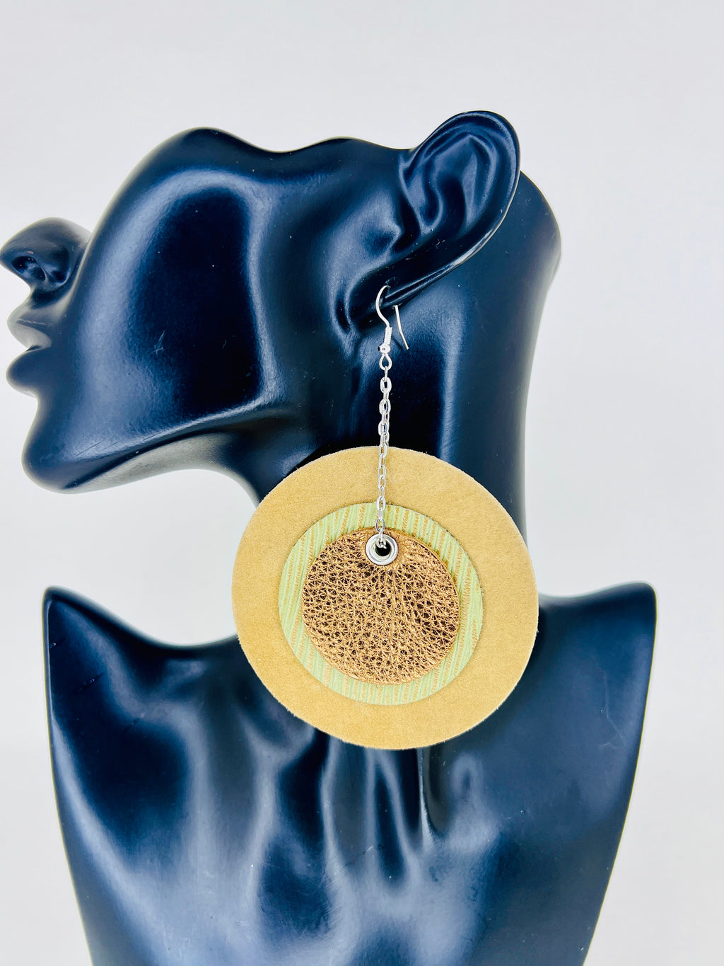 Denim Flame Circle Leather Statement Earrings