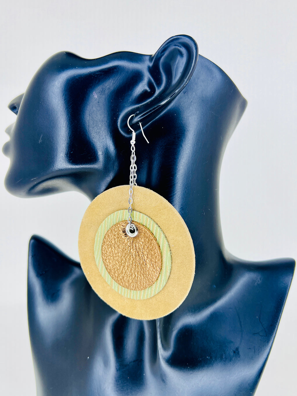 Denim Flame Circle Leather Statement Earrings