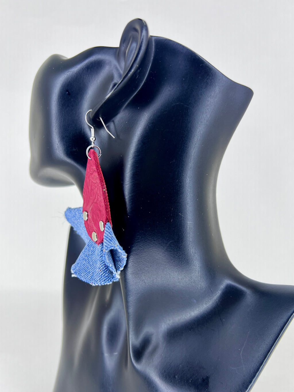 Denim Bloom Rivet Leather Statement Earrings