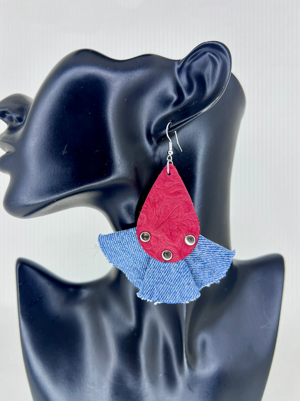 Denim Bloom Rivet Leather Statement Earrings