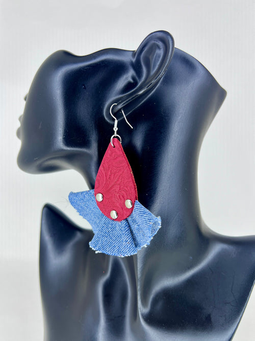 Denim Bloom Rivet Leather Statement Earrings