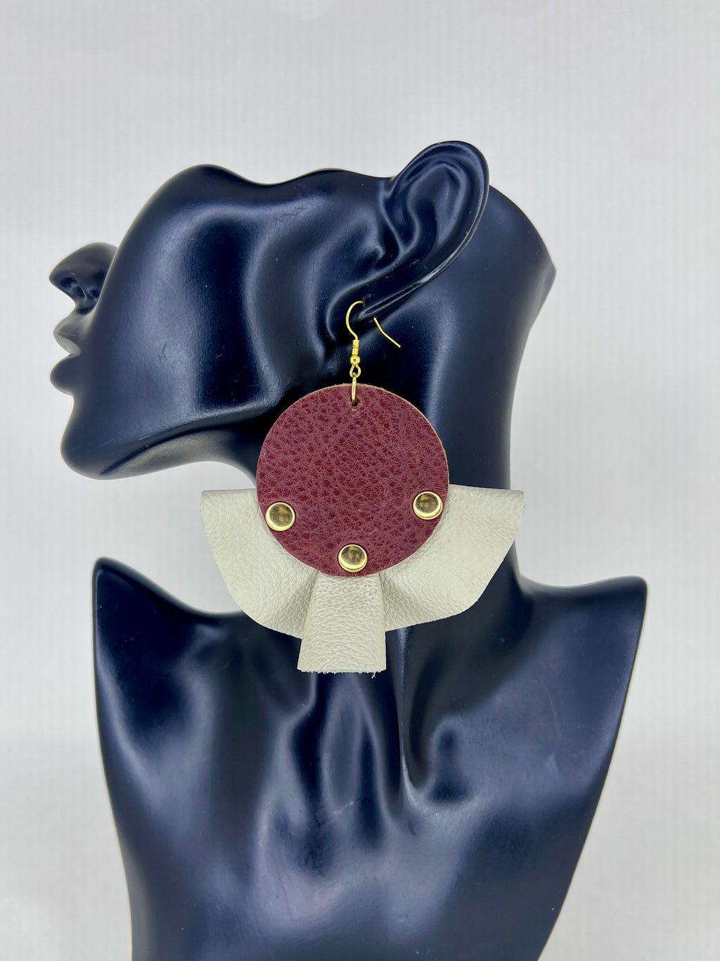 Burgundy Petal Disc Leather Statement Earrings