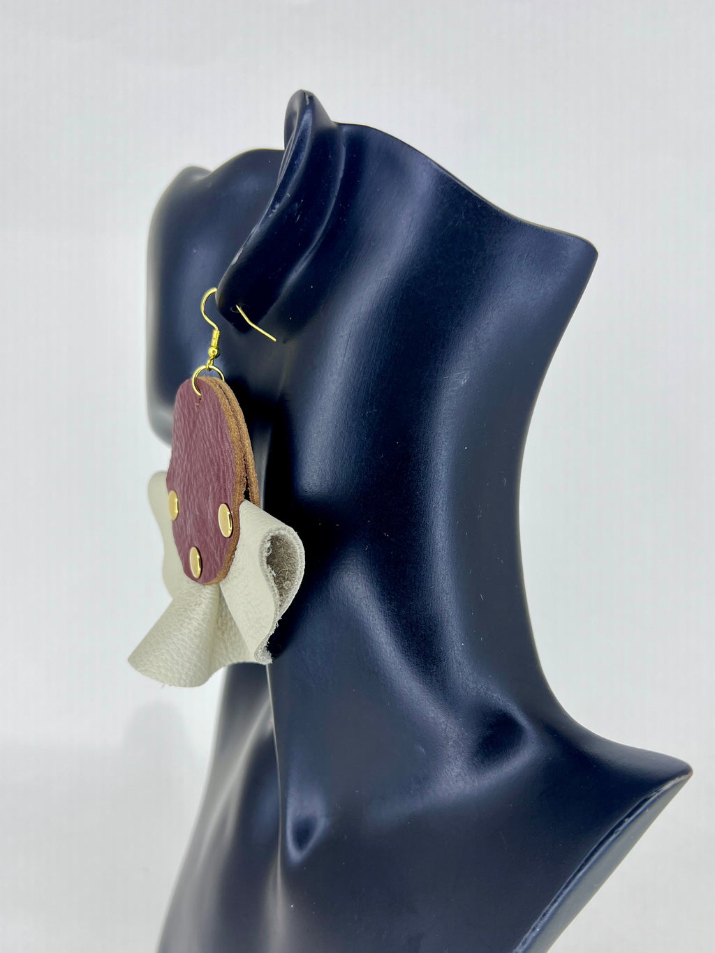 Burgundy Petal Disc Leather Statement Earrings