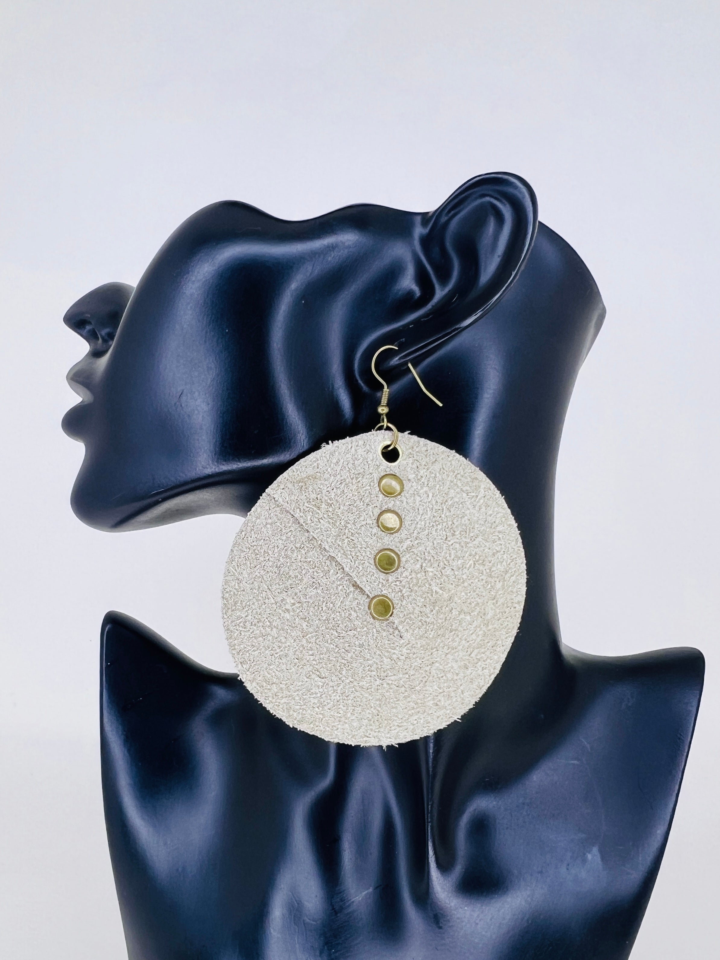 Ivory Rivet Disc Leather Statement Earrings