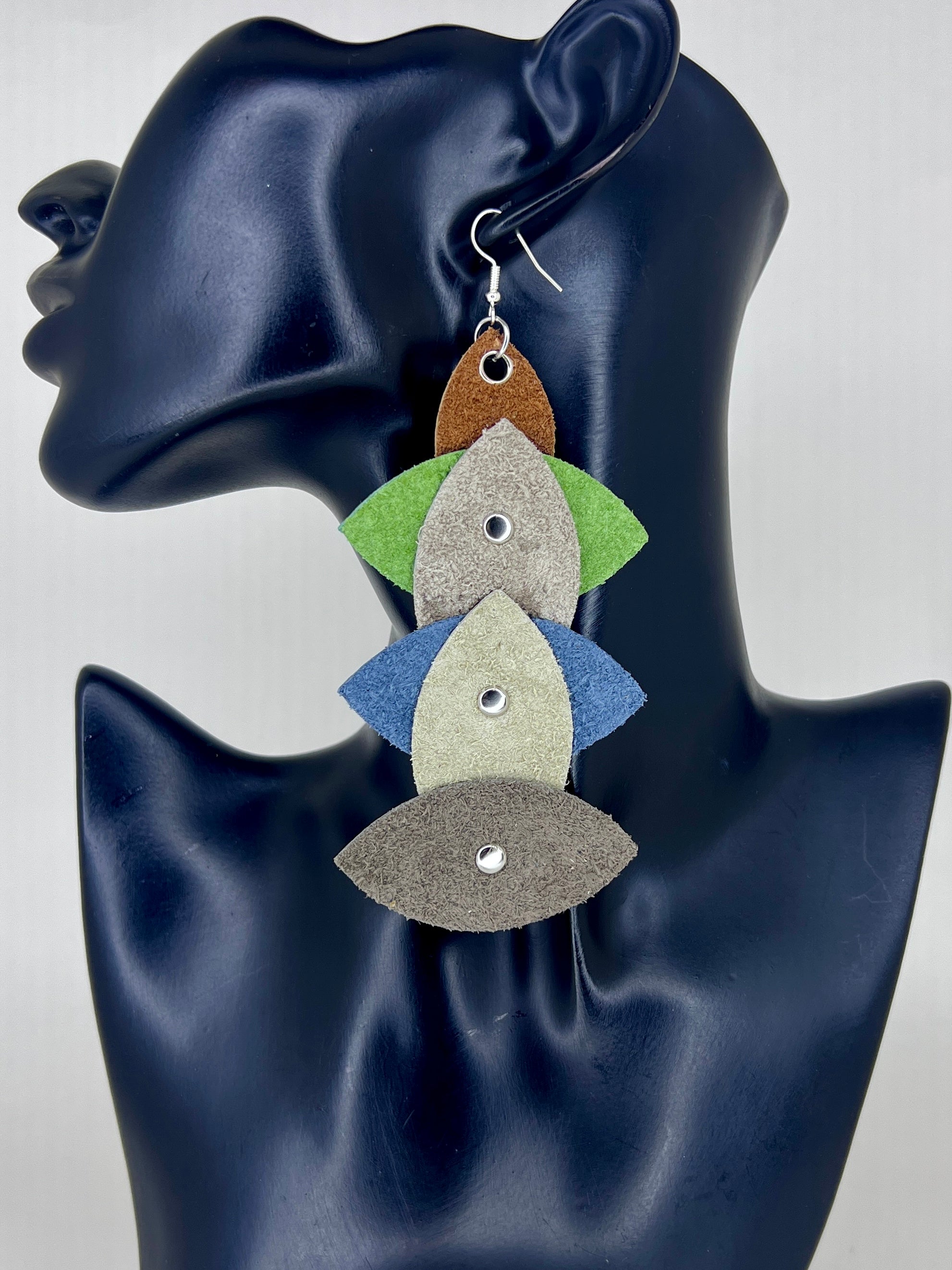 Earthtone Leaf Cascade Leather Statement Earrings