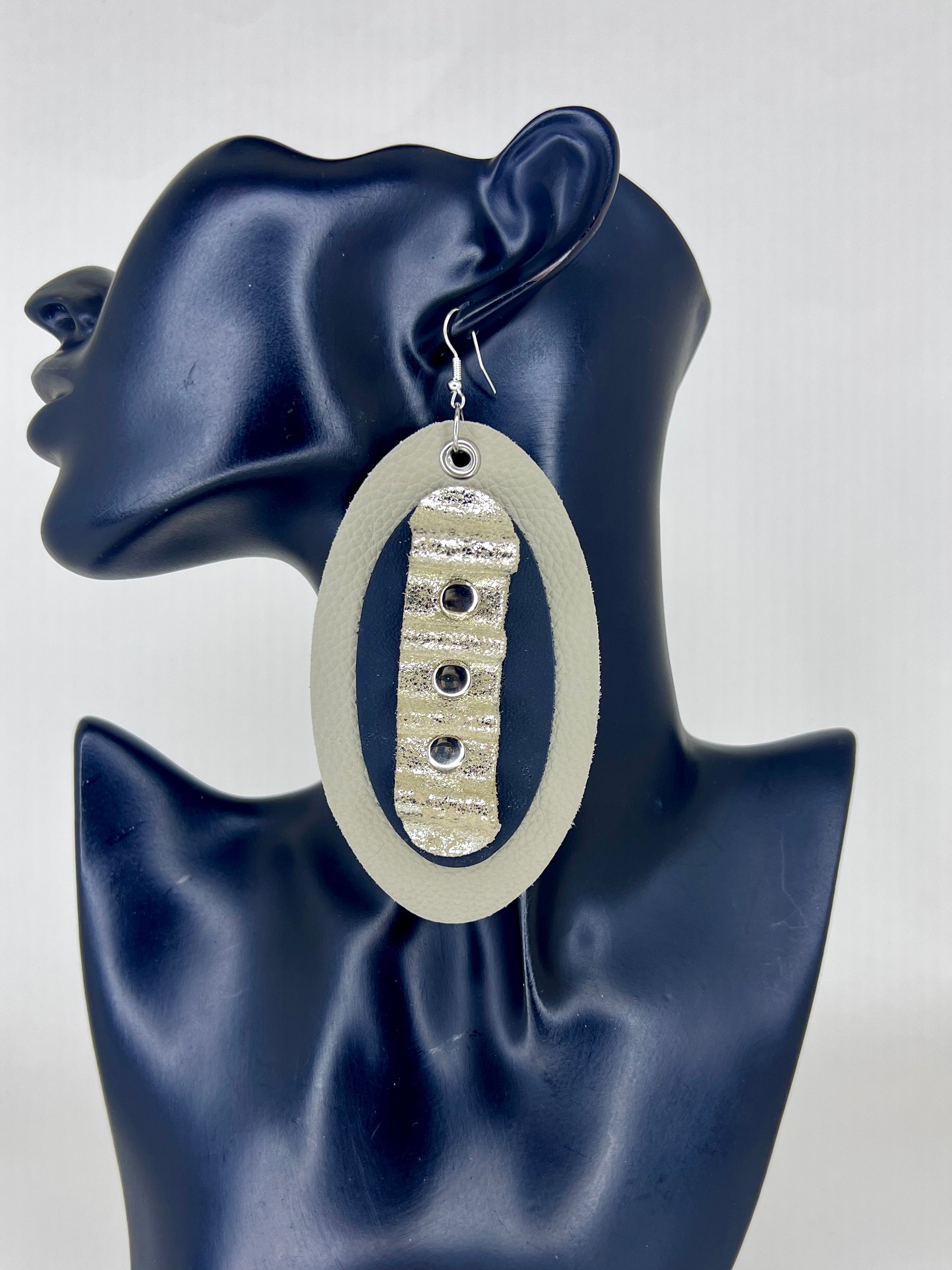 Ivory & Metallic Oval Leather Statement Earrings