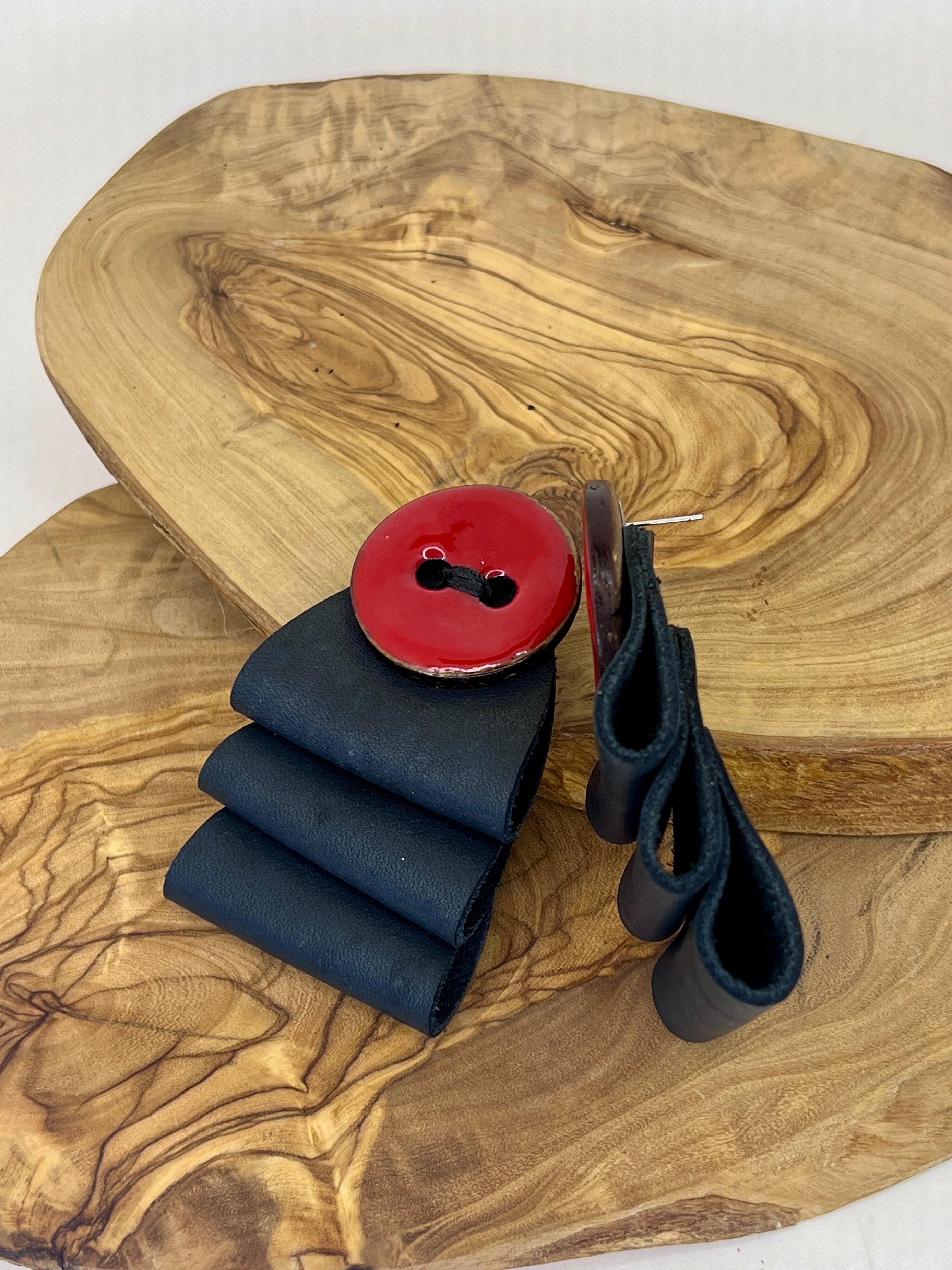 Crimson Button Folded Leather Statement Earrings