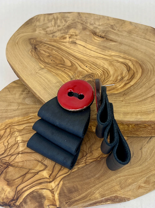 Crimson Button Folded Leather Statement Earrings