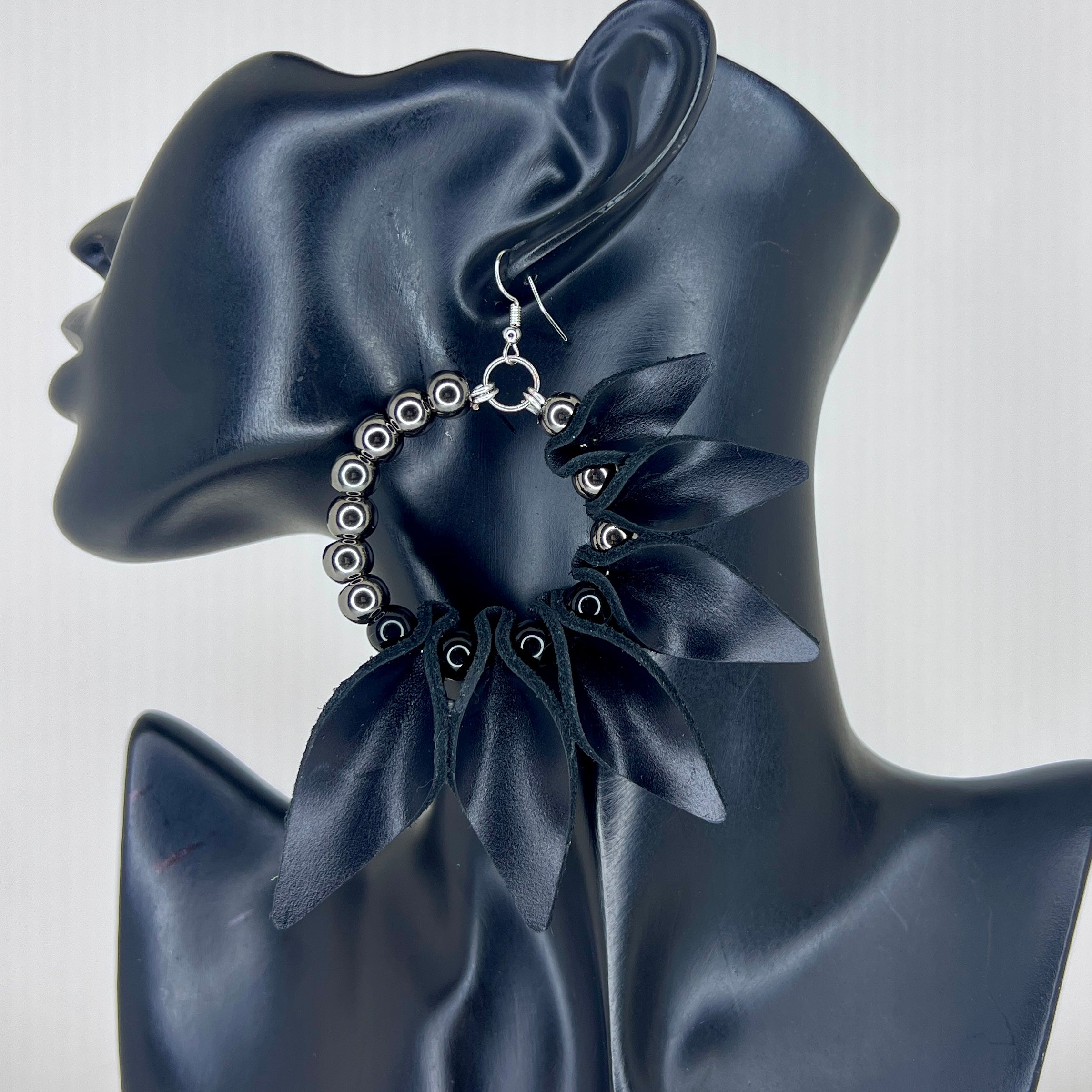 Midnight Petal Hoops – Leather & Metal Statement Earrings